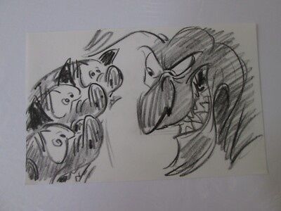 Handritad storyboard med barnliknande figurer och ett stort fantasidjur